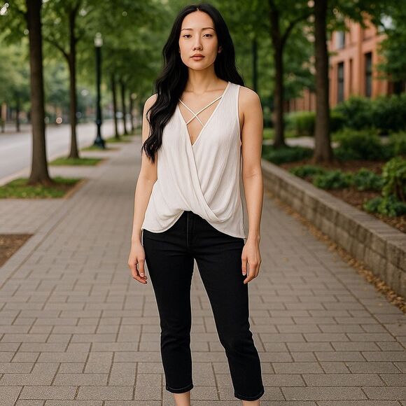 Loves Fire Criss Cross V Neck Wrap Front Blouse Top Size Small - Picture 13 of 13